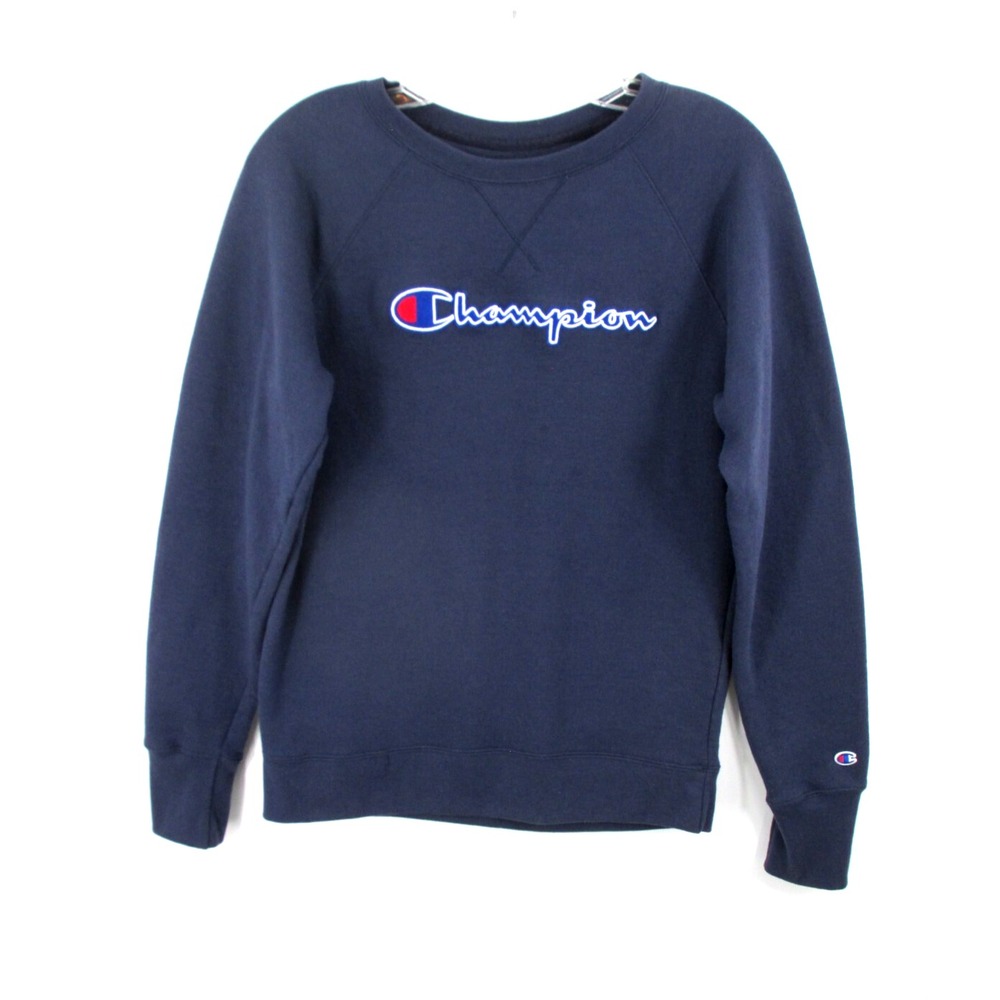 CHAMPION Pullover Sweatshirt Unisex Small Blue Embroidered Logo Long Sleeves